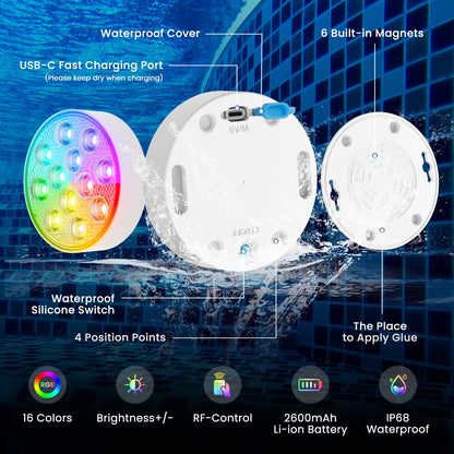LOFTEK Submersible Pool Lights with Remote, Rechargeable LED Pool Light, Underwater Pool Light, 16 Color Changing Floating Pool Lights for Pool, Shower, Hottub, Pond, Bathroom (4 Pack)