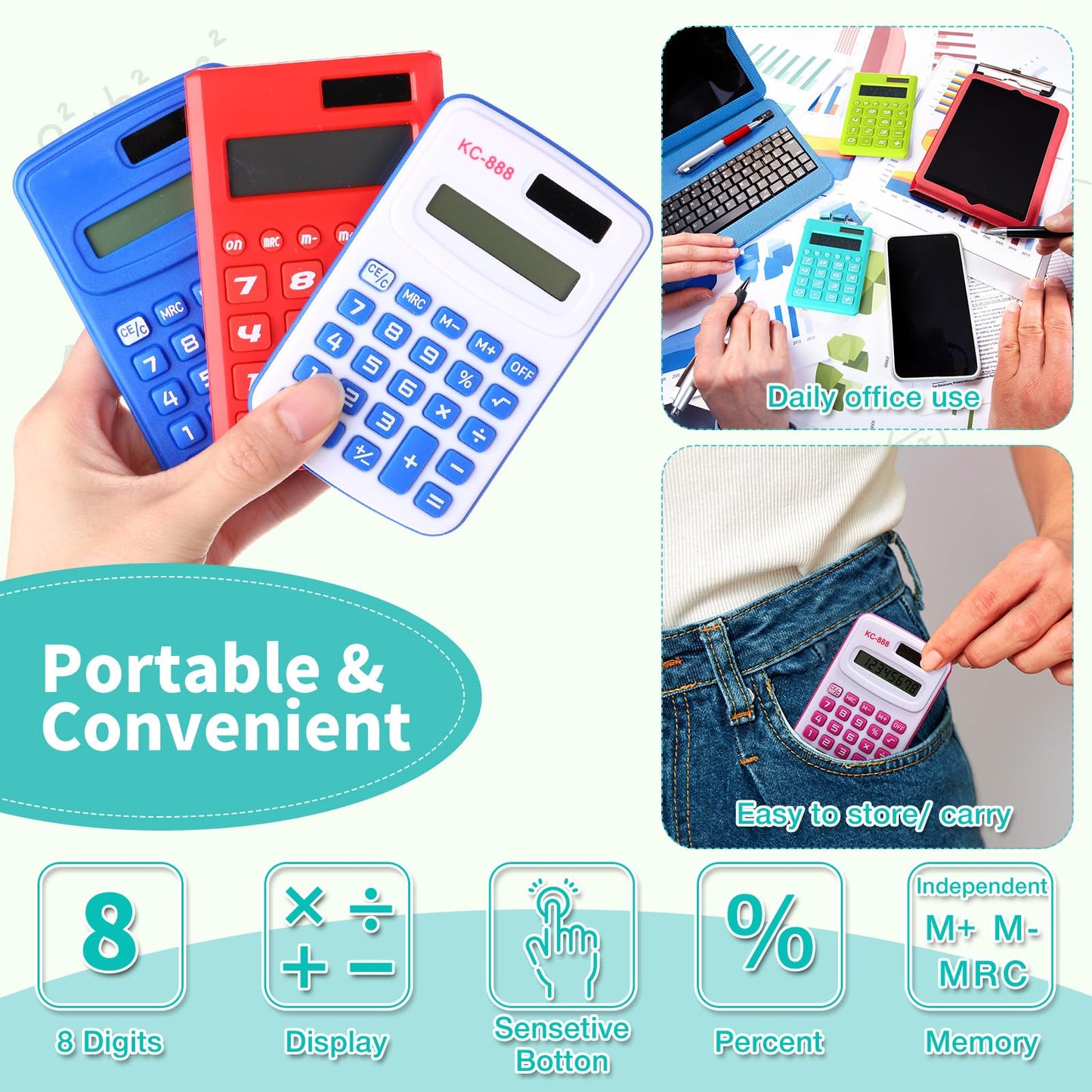 Yunsailing 96 Pcs Pocket Calculators Bulk Mini 8 Digit Handheld Calculator Small Basic Standard Calculator for Students Kids Teachers School Desktop Home Office, 3 Designs (Classic)