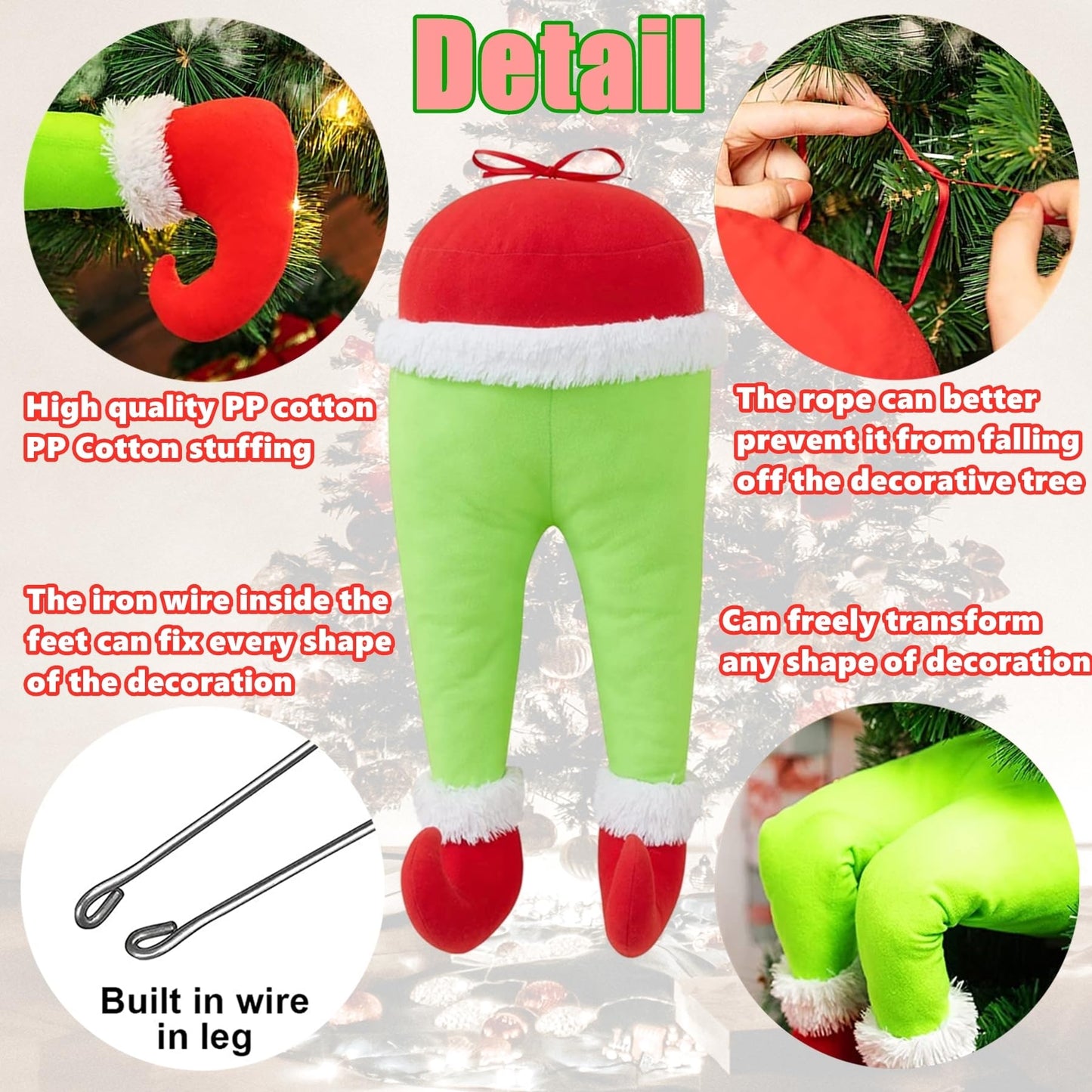 Christmas Elf Body Tree Decorations, Christmas Green Monster Stole Xmas Tree Topper, Pose-able Elf Stuffed Leg Arm and Head for Christmas Tree Hanging Oranemet