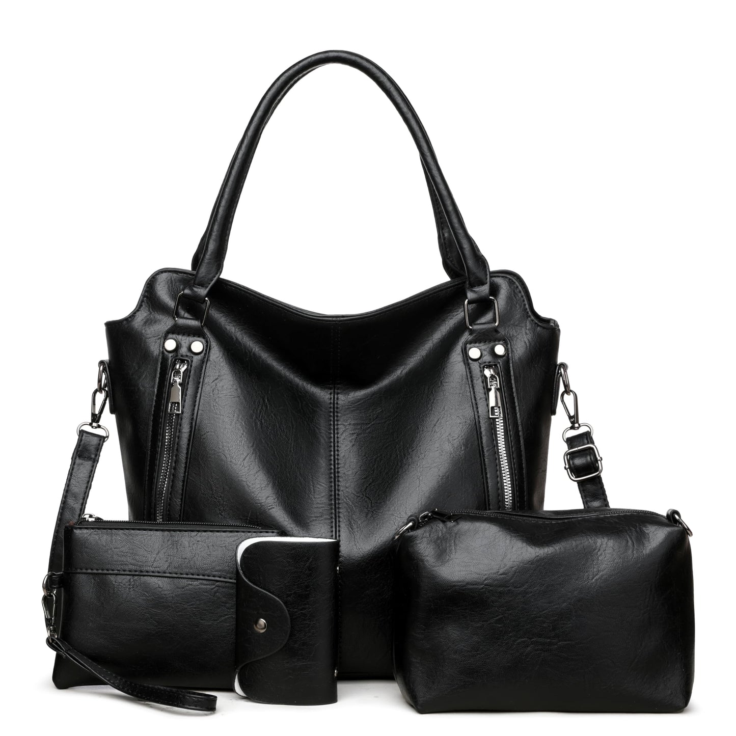 2E-youth Purses for Women Large Tote Women's Handbag Set Faux Leather Hobo Crossbody Bag 4pcs (1A-Black)