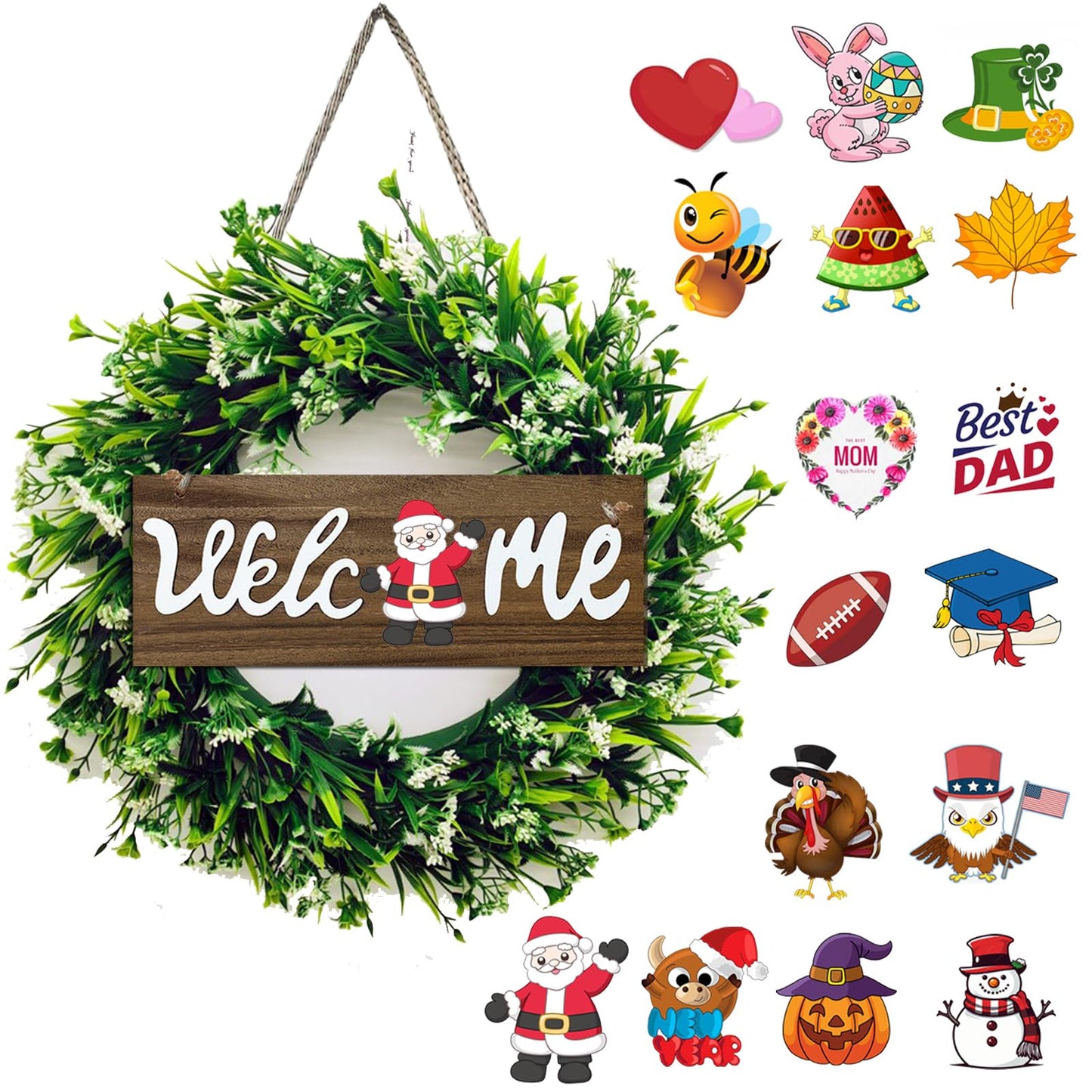 Green Eucalyptus Wreath with Welcome Sign, 16" Easter Spring Artificial Wreath Hanging Decor for Front Door Porch Window Housewarming Gift