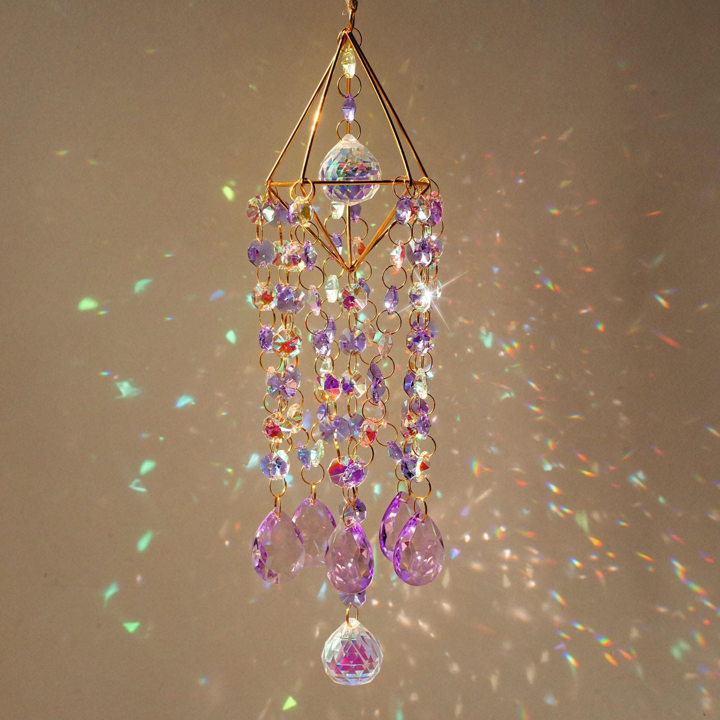 HDCRYSTALGIFTS 21.5inch Crystal Prisms Suncatcher for Window Hanging, Rainbow Maker Crystal Sun Catcher Indoor Window Glass Wind Chimes Home Garden Decor, Purple