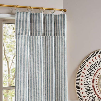 jinchan Striped Linen Kitchen Curtains with Attached Valance 36 Inch Length Cafe Tier Curtains for Living Room Rustic Half Window Light Filtering Rod Pocket Small Drapes 2 Panels Blue