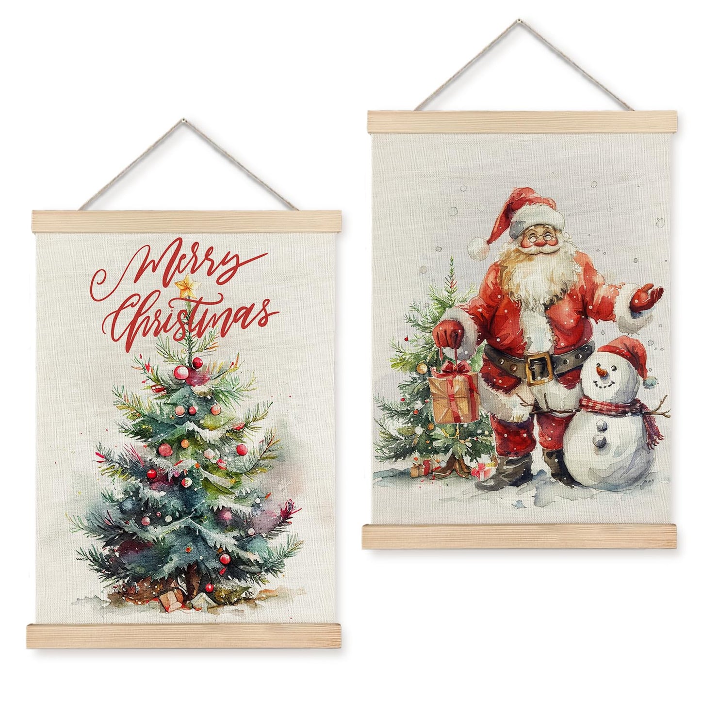 LUVADIAN Merry Christmas Wall Art with Wood Poster Hanger Set of 2, Christmas Tree Wall Decor Santa Claus Snowman Posters Artwork for Walls Decorations, 12x16 Inches