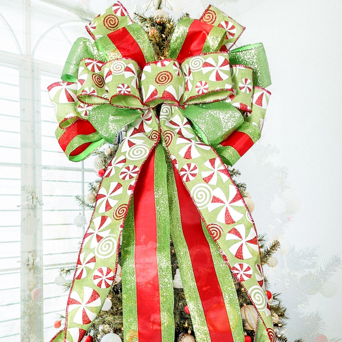 Christmas Tree Topper Wreath Large Green Bow with Red Green Dot Candy Patterned Gift Bow for Xmas Holiday Home Thanksgiving Indoor/Outdoor Decoration 52"x13"