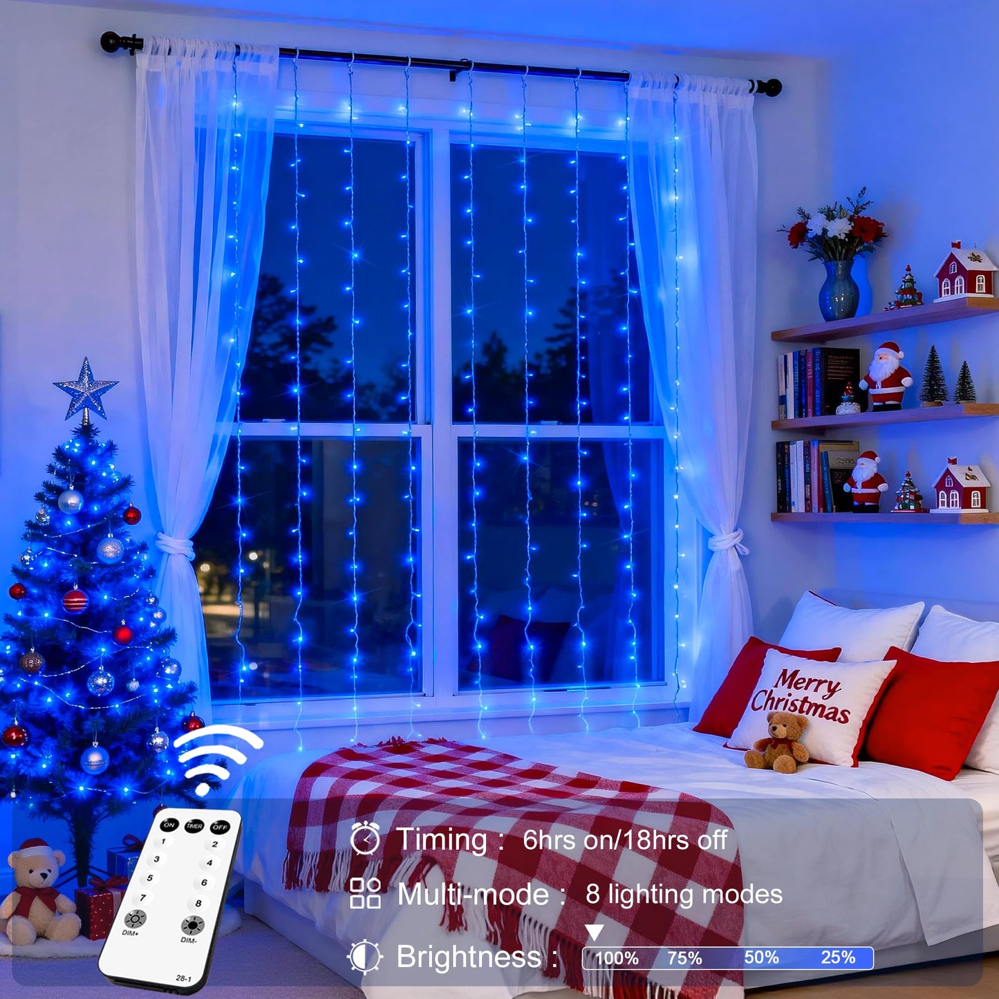 JMEXSUSS 300LED Blue Curtain Lights, Christmas Lights with Remote, Hanging String Lights for Bedroom Wall Window Backdrop Garden Indoor Outdoor Patio Yard Decorations, 9.8x9.8ft