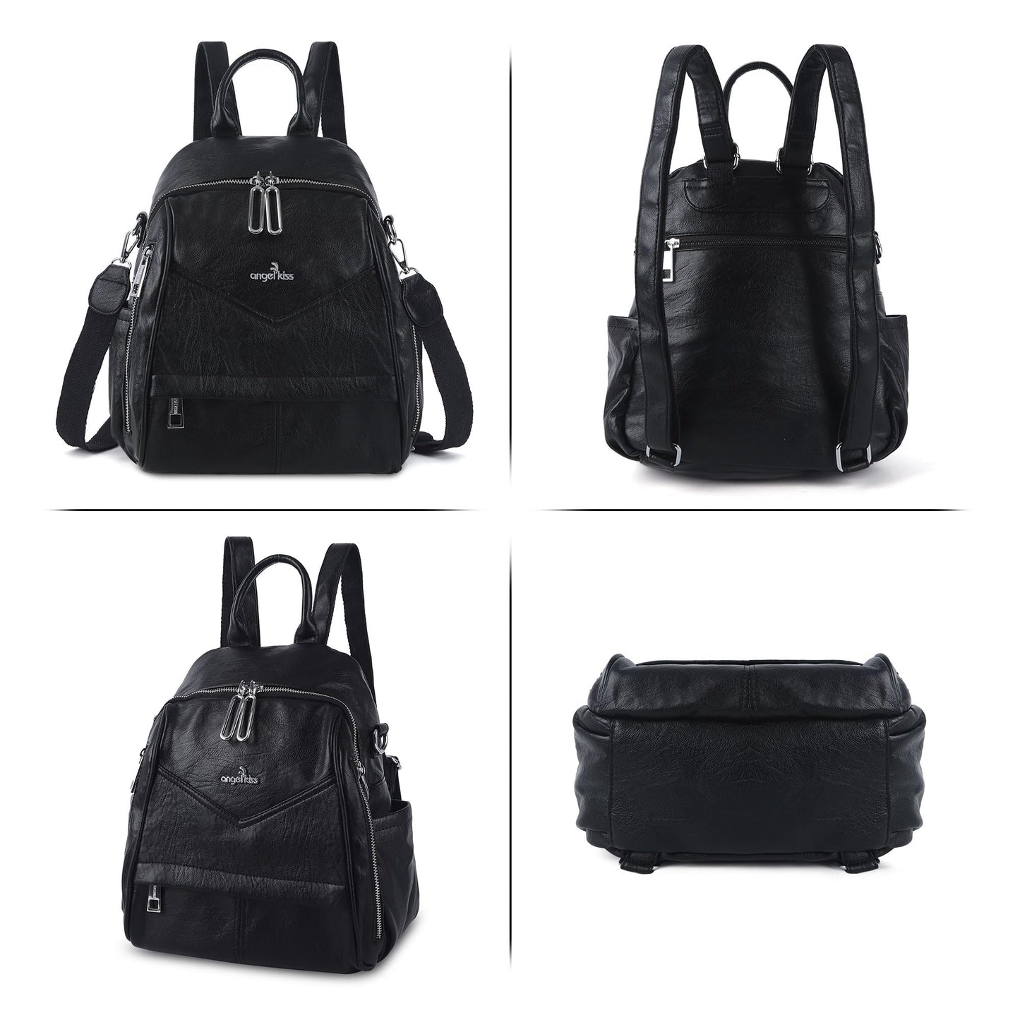 Angel Kiss Small Backpack Purse for Women,Soft Vegan Leather Roomy Backpacks,Designer Ladies Shoulder Backpack Fashion Handbag with Removable Strap,Black