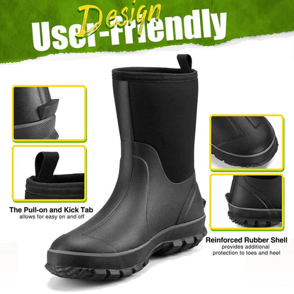 TIDEWE Rubber Boots for Men, 5.5mm Neoprene Insulated Rain Boots with Steel Shank, Waterproof Mid Calf Hunting Boots, Sturdy Rubber Work Boots for Farming Gardening Fishing (Black Size 7)