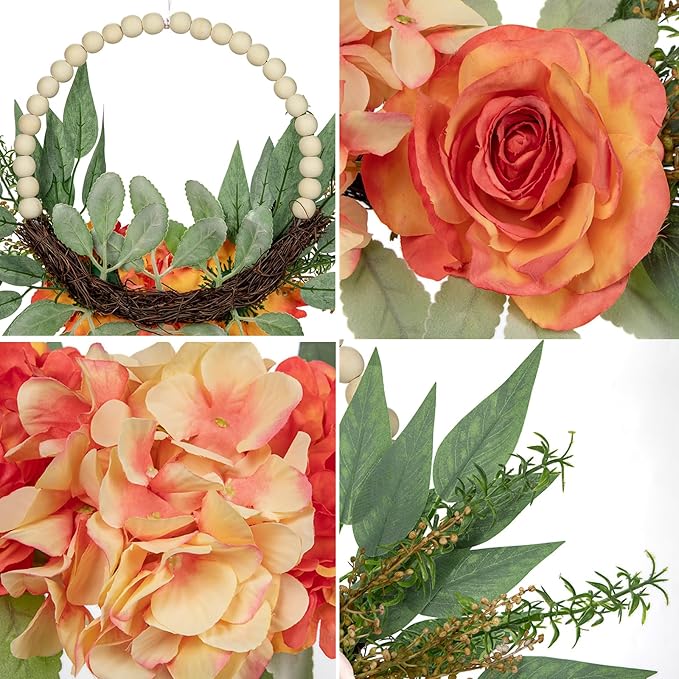 Spring Wreaths for Front Door 10" Artificial Floral Wood Bead Wreaths Eucalyptus Leaves Rose Hydrangea Wreaths for Front Door Boho Farmhouse Wall Decor 2 Pack - Orange