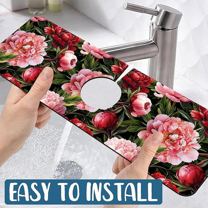 Blooming Peony Kitchen Sink Splash Guard Faucet Mat Pink Peony Flowers Super