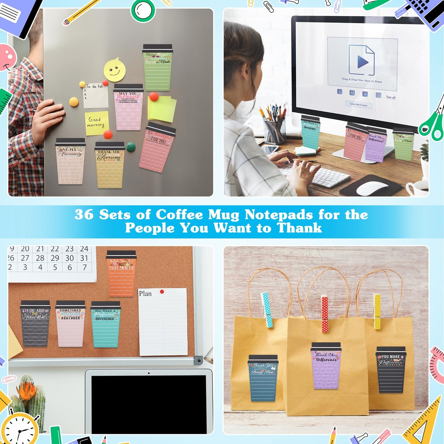 Mkway 36 Set Employee Appreciation Gifts Bulk Team - 36Pack Coffee Cup Notepad+36 Ballpoint Pens+ 36 Drawstring Gift Bags, Bulk Gifts for Coworkers/Staffs/Teachers/Christmas