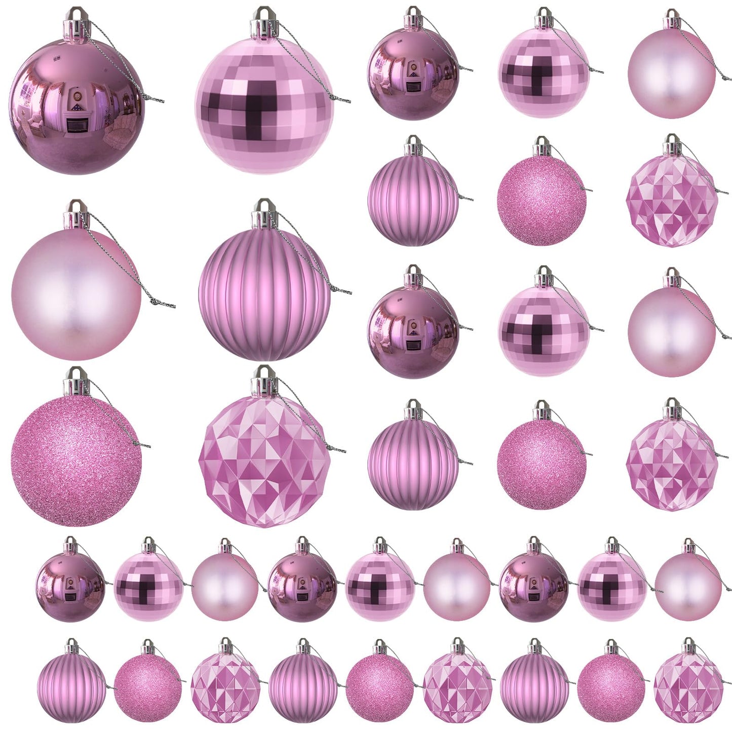 Bubblegun Pink Christmas Ornaments - Christmas Tree Decorations Shatterproof Hanging Balls for Birthday Wedding Holiday Decor Set of 36pcs, Multi-Sizes(1.6",2.5",3.2")