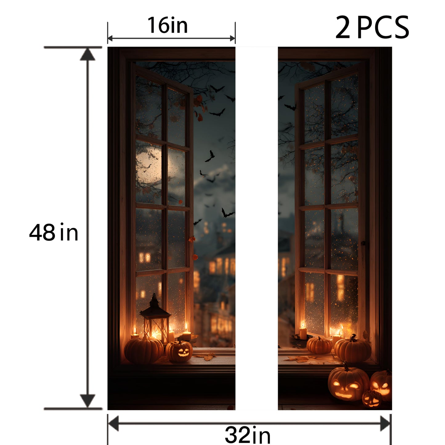 WOOHOOROO Halloween Fake Window Sticker–Peel and Stick 3D Jack O Lantern Pumpkins Bats Haunted House Wall Decor,48" x 32"