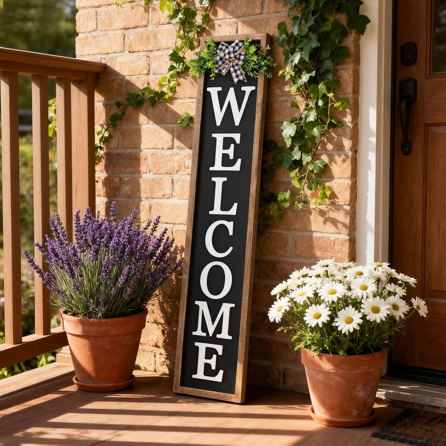 3D Outdoor Welcome Sign for Front Porch Standing 45"X9" Large Rustic Farmhouse Leaner Tall Vertical Soild Wooden Framed Plaque Modren Beautiful Outside Home Front Door Decorations (Wood Black)