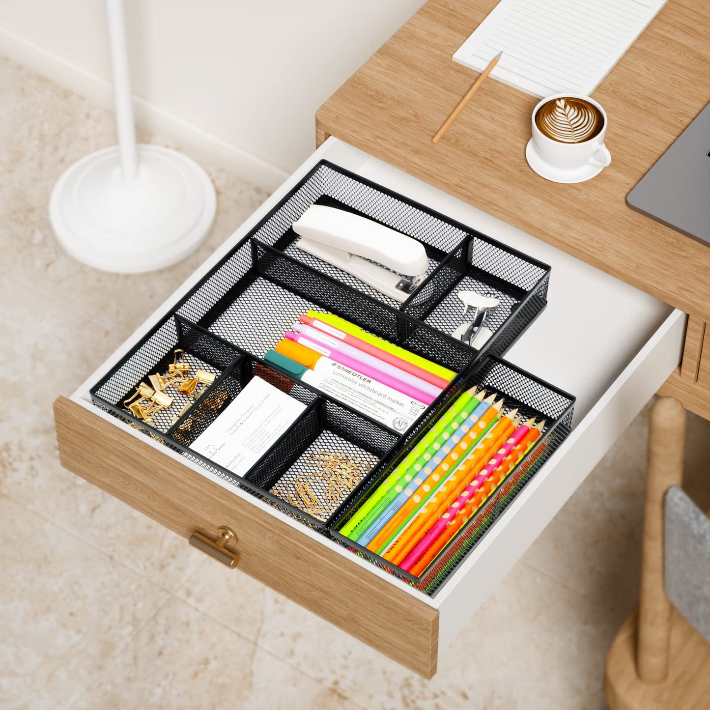 Neudeco Desk Drawer Organizer with 6 Adjustable Dividers, Metal Mesh Pen Organizer for Desk Drawer, Office Supplies Tray (Pack of 4, Black)