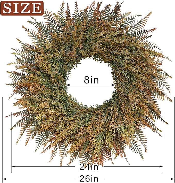 26'' Large Fall Wreath for Front Door, Porch, Window- Artificial Fern Leaves and Faux Wheat Grass Outdoor Autumn Wreath for Home, Farmhouse Wall Thanksgiving Day Harvest Festival Decor