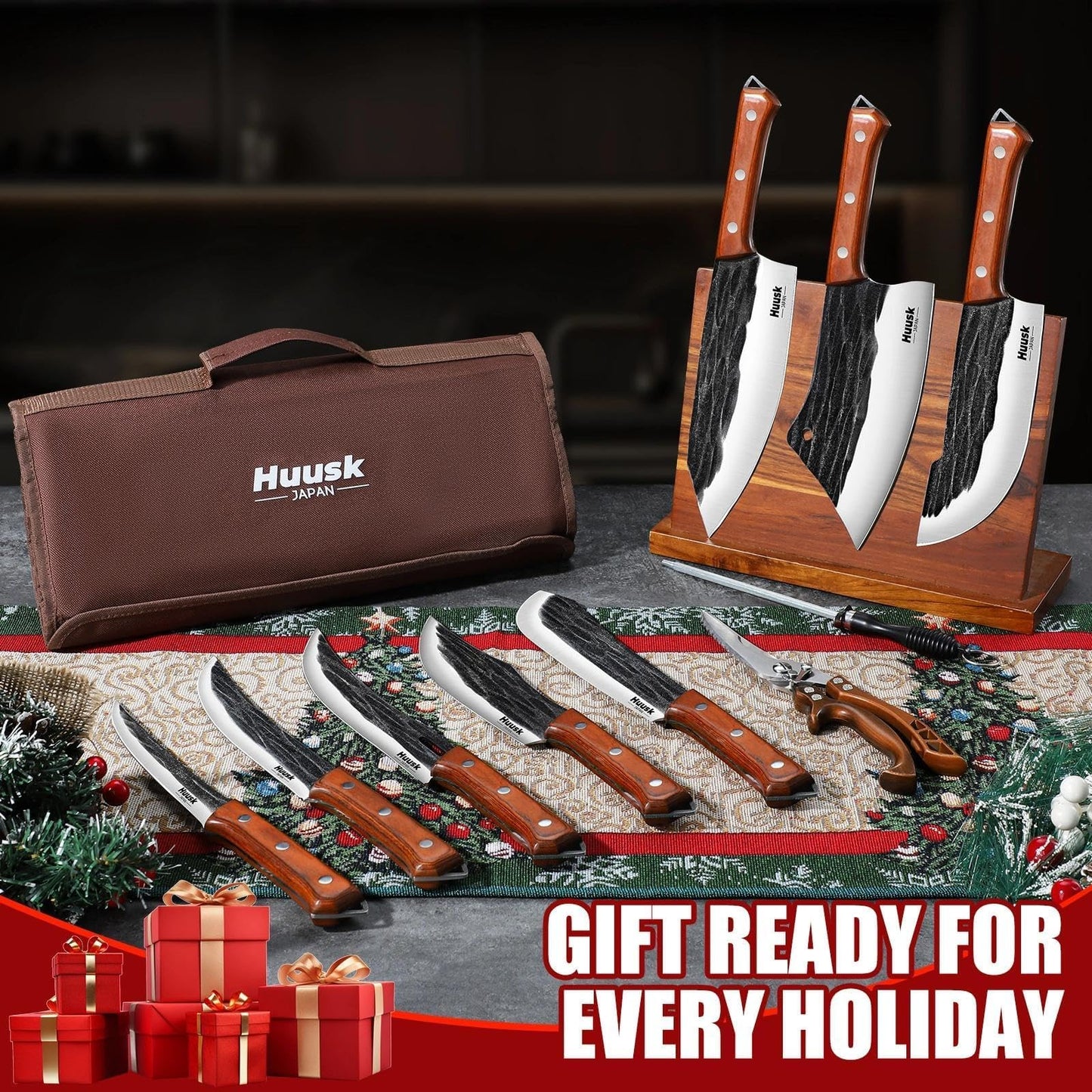 Huusk Butcher Knife Set, 10-Piece Hand Forged Chef Knife Set with Bag, Sharp Meat Cleaver & Bbq Carving Knives & Boning Breaking Knives for Kitchen & Camping, Fathers Day Gift for Men