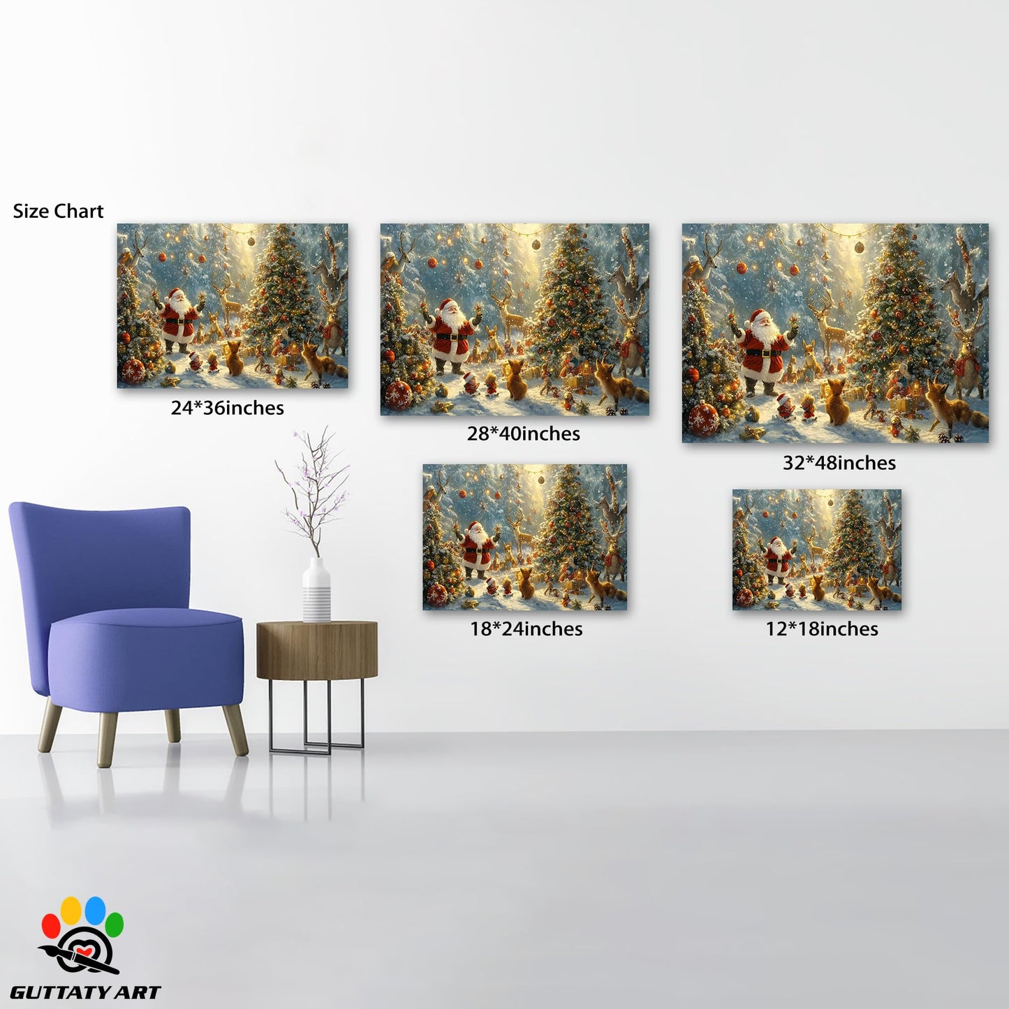 GUTTATY Christmas Canvas Wall Decor, Cute Santa Christmas Pictures Wall Art, Christmas Tree Prints Picture Framed, Deer Animal Art Prints, Winter Snowy Scene Posters for Living Room 18x24 Inch