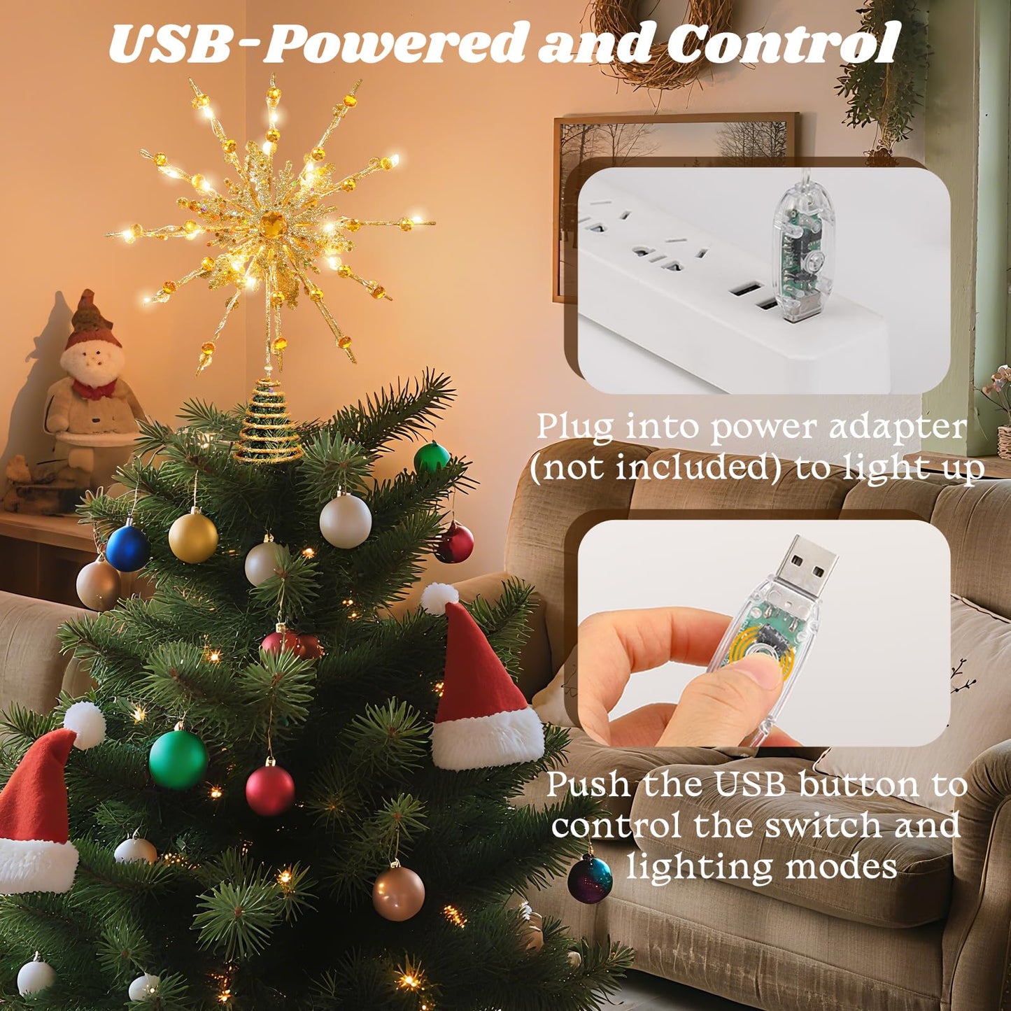 Lewondr Christmas Tree Topper, 12.2'' Metal Xmas Star Tree Topper with 20 LED Bulbs, USB Powered Glittered 12-Pointed Treetop for Christmas Ornaments, Remote Control, 6H Timer, 8 Light Modes, Gold