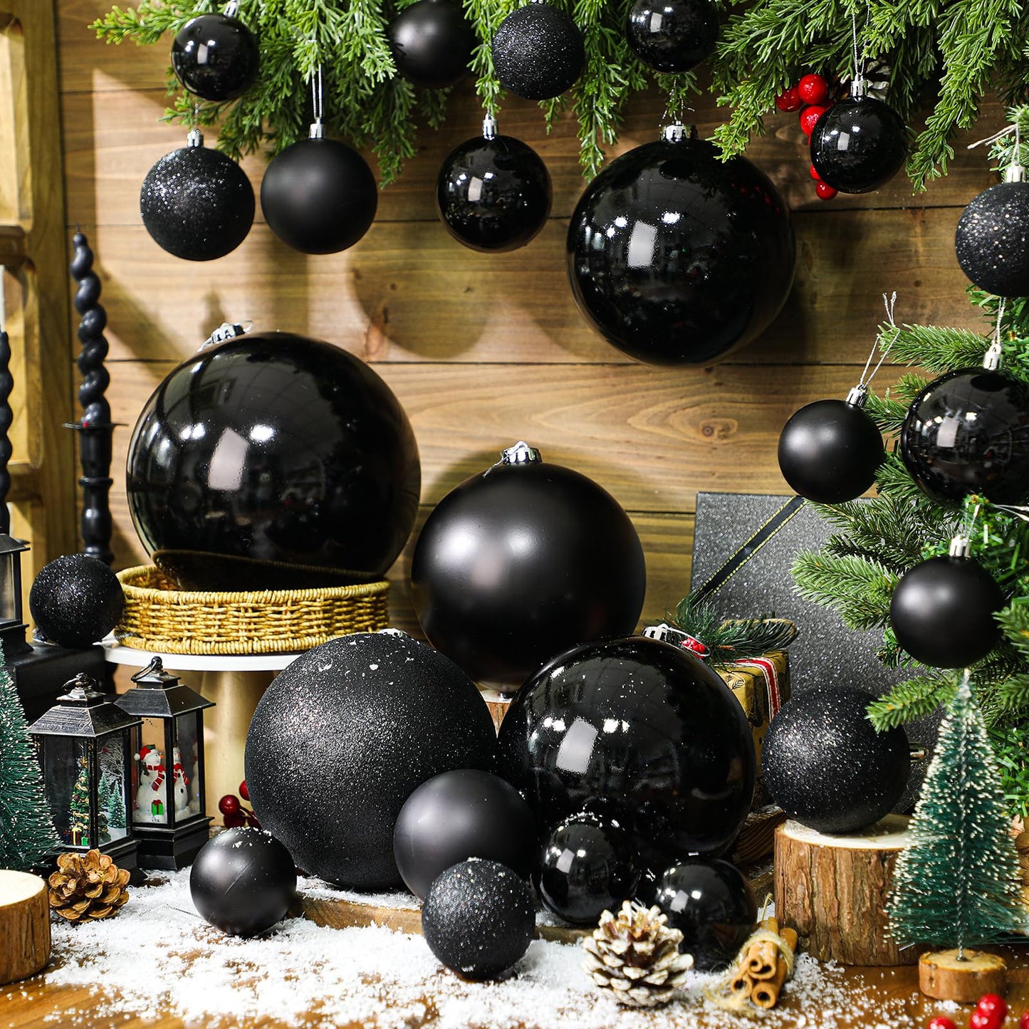 Marsui 24 Pcs Giant Christmas Balls Ornaments Extra Large Outdoor Black Christmas Ornament 8'' 6'' 3'' 2'' Large Xmas Balls Bulk Plastic Shatterproof for Xmas Tree Lawn Yard Porch (Frosted and Shiny)
