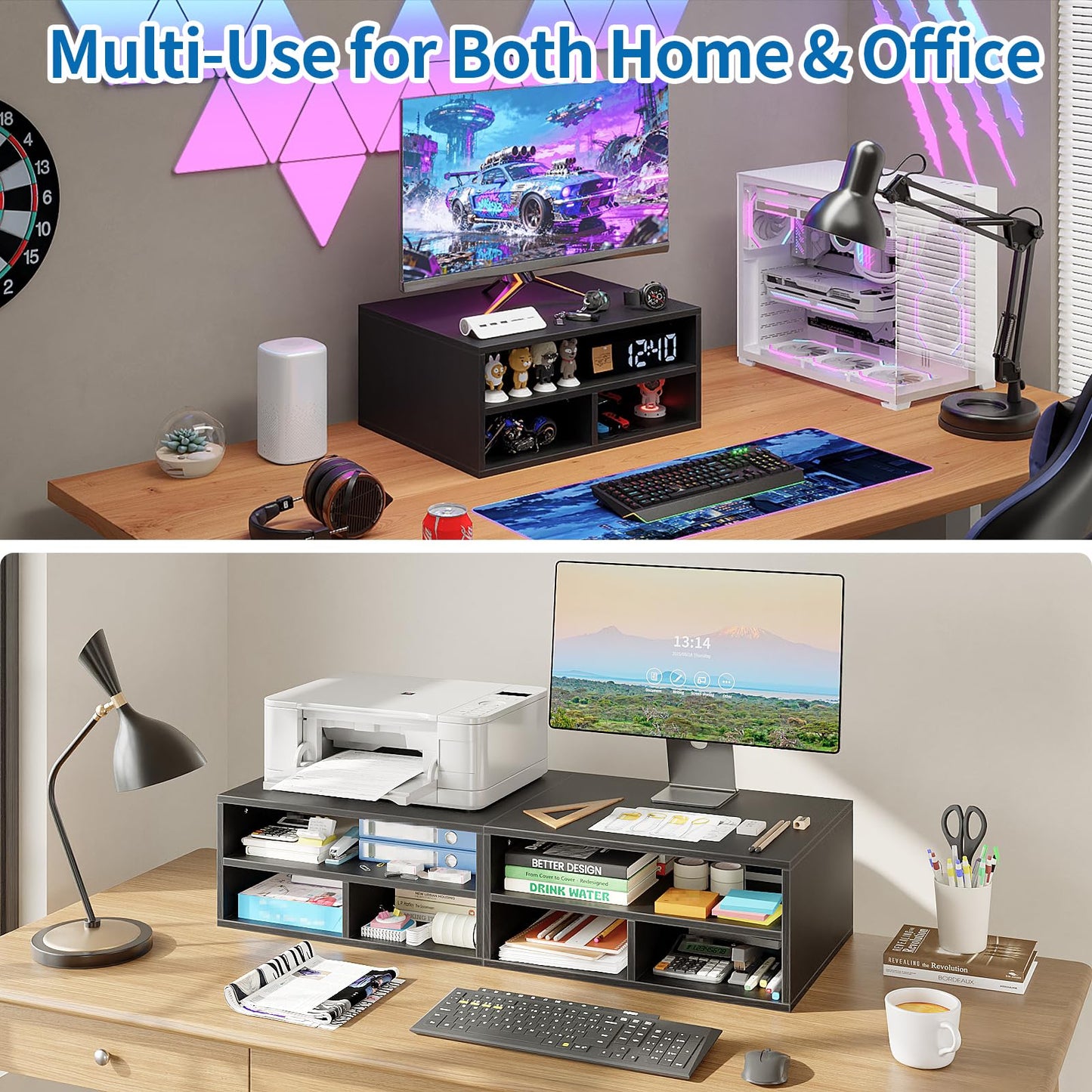 ALISENED Printer Stand for Desk, 2-Tier Wooden Desk Organizer with Adjustable Compartments, Heavy Duty Desktop Stand for Printer Scanner Monitor, Space Saving Office Organization and Storage, Black