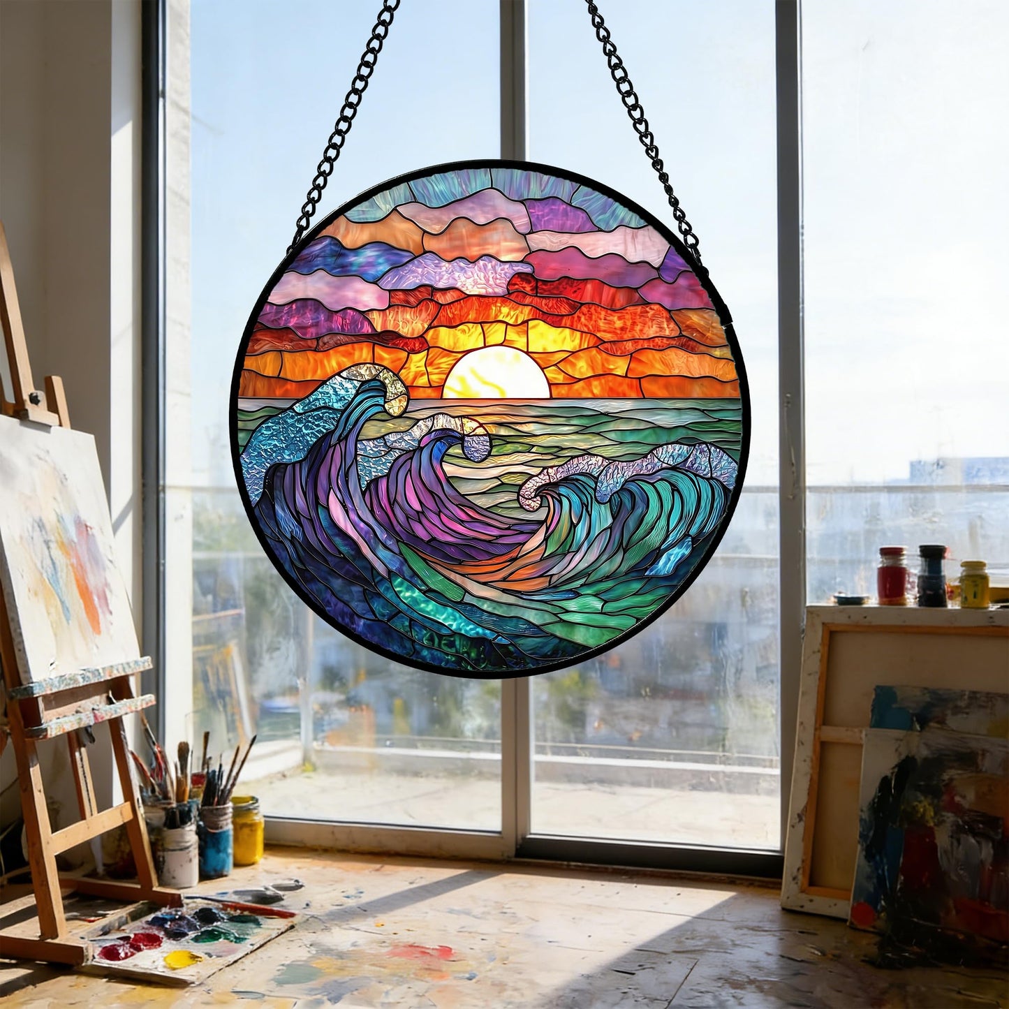 DASTOLL Stained Glass Window Hanging, Clouds and Sea Waves Suncatcher Diamond Glass Panel Hangings Scenery Sun Catchers Decor for Birthday for Women, Men, Wife, Aunt, and Mom 7.8 in