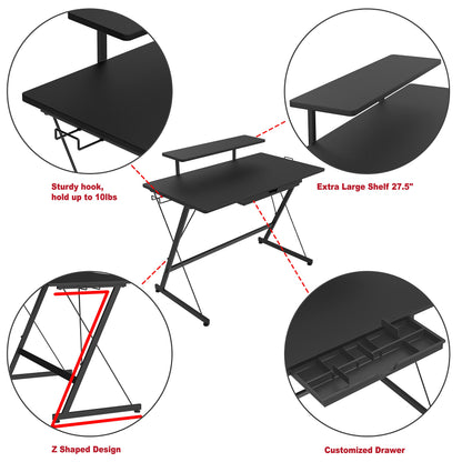 SHW 40-Inch Gaming Desk with Monitor Riser, Drawer and Hooks, Black
