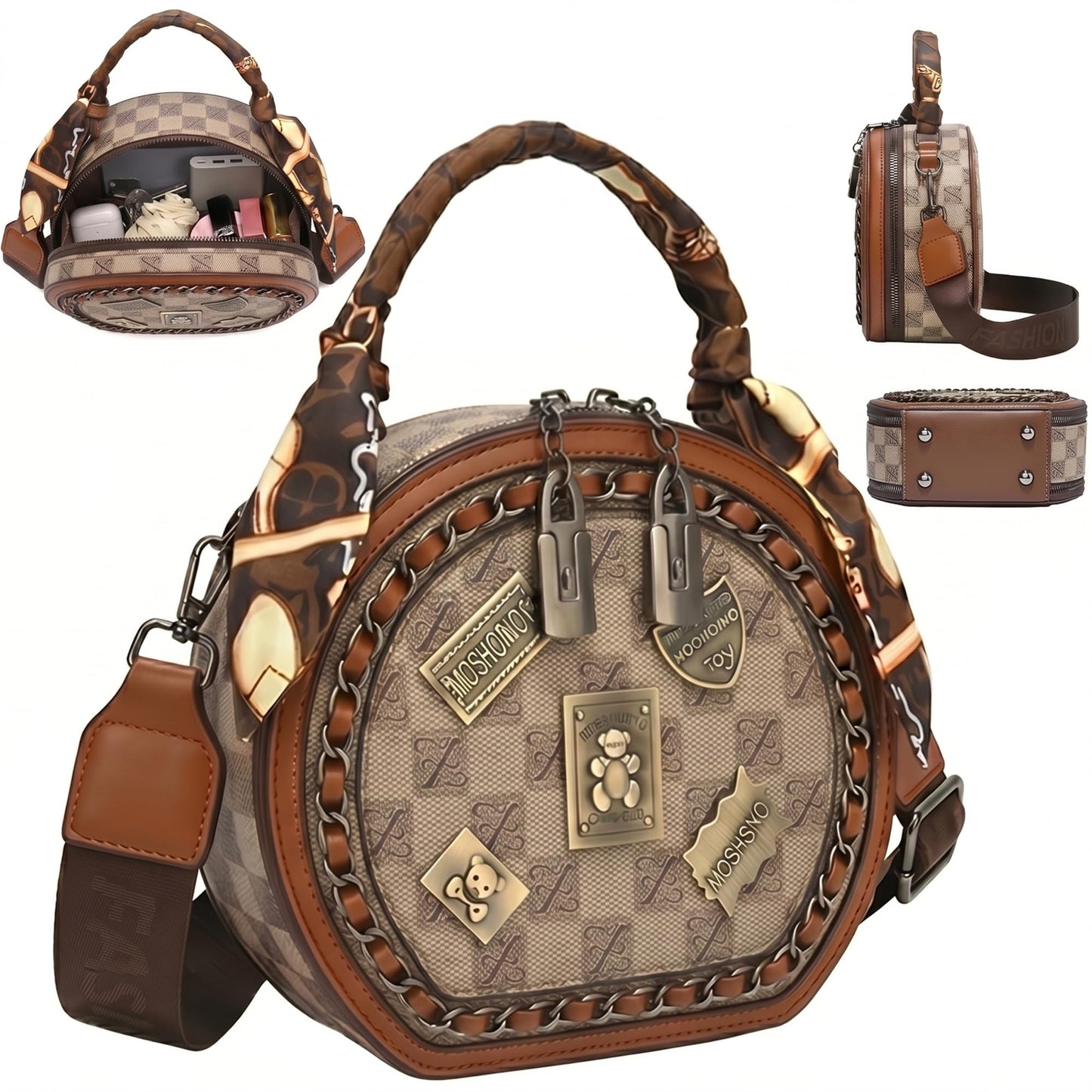 Cross Body Purse, Mini Round Crossbody Bags for Women, Vintage Womens Small Crossbody Purse with Chain Strap & Scarf, Retro Shoulder Handbag for Date Night Travel(Khaki)