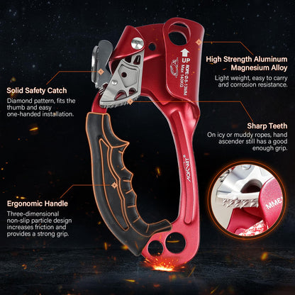 AOKWIT UIAA & CE Certified Rope Ascender Aluminum Alloy Rock Climbing Gear Strong Rigging Rappelling Equipment for Rock Tree Climbing Arborist Rescue Mountaineering Caving (Left Hand Red 1)