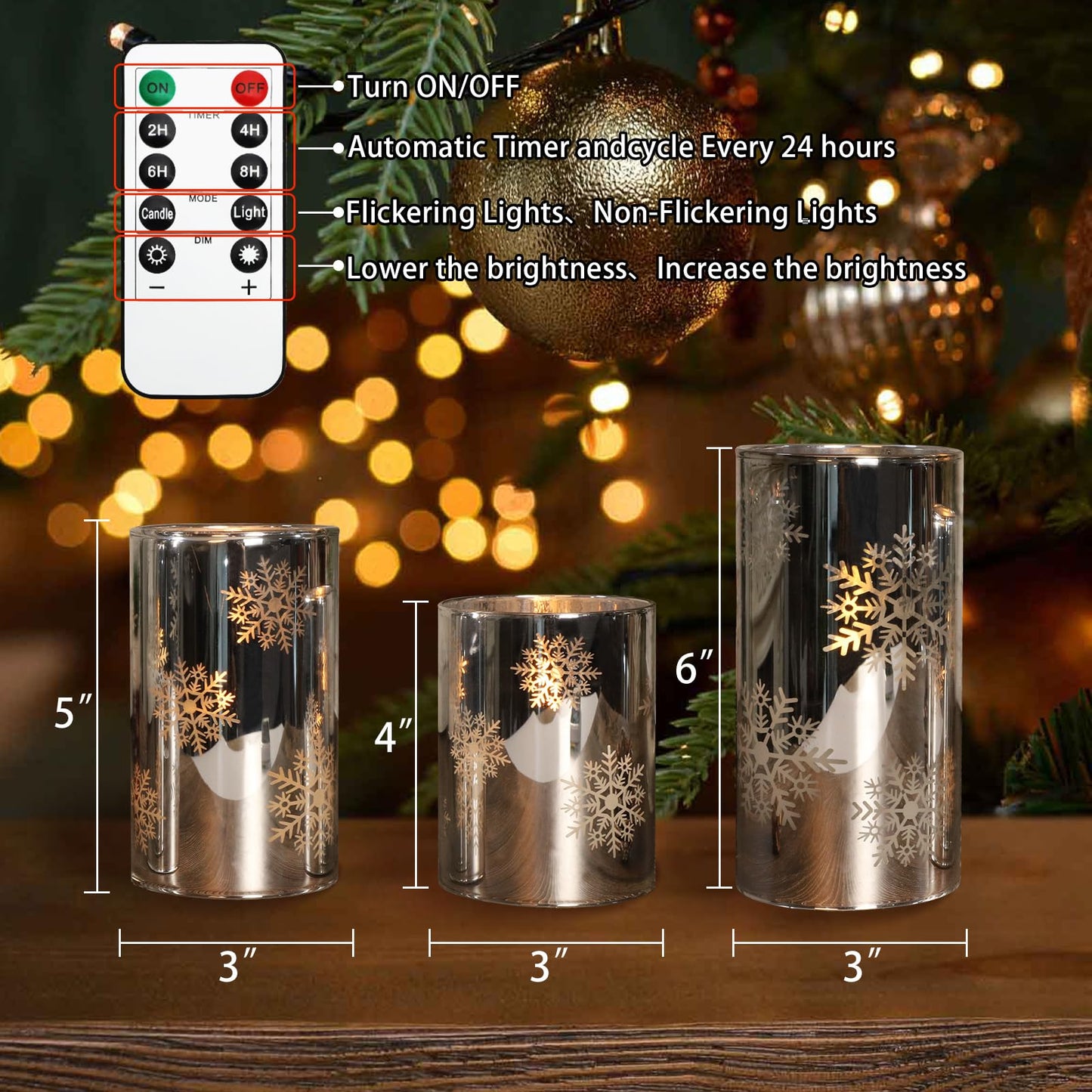 Crystal Club Christmas Flameless Candles with Remote, Set of 3, Snowflake Plating Battery Operated LED Candles, Glass Effect Pillar Candle Flickering with Remote for Home Decor