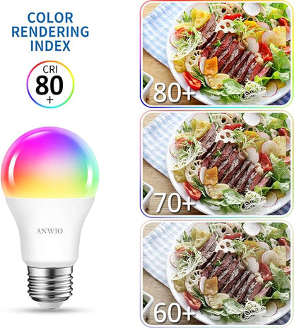 ANWIO Smart Light Bulbs 8.5W (60W Replacement) A19 E26 LED Bulb Work with Alexa, Google Assistant, Smart Life App, Tuya App, Color Changing Light Bulb,806LM,2.4Ghz only，No Hub Required（4-Pack）