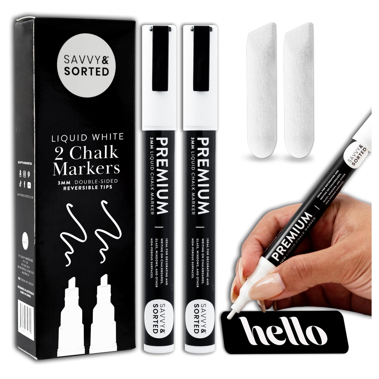 SAVVY & SORTED Erasable White Chalk Markers, 2PK 3mm Liquid Fine Tip Pens Chalkboard Bistro Marker for Glass Window Board