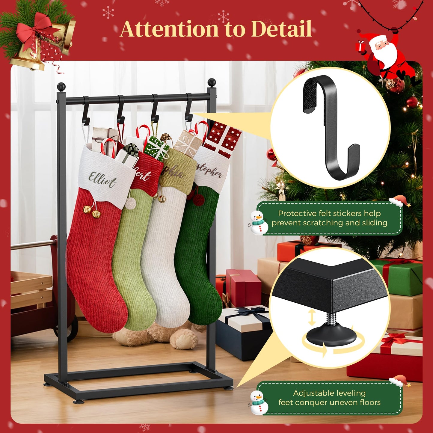 LAND·VOI Christmas Stocking Holder for Floor, Free Standing Metal Stocking Hanger with 4 Removable Hooks, Stable Base & Adjustable Feet, Black