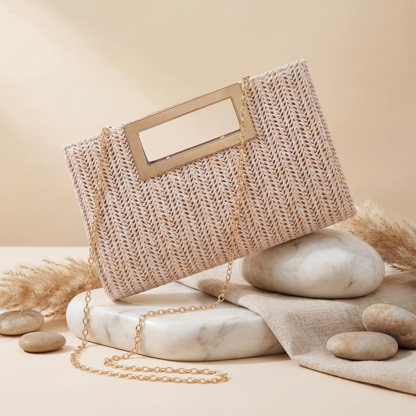Gilprop Woven Clutch Purse for Women, Envelope Evening Bag Boho Crossbody Handbag for Summer Beach and Wedding Guest (Beige)