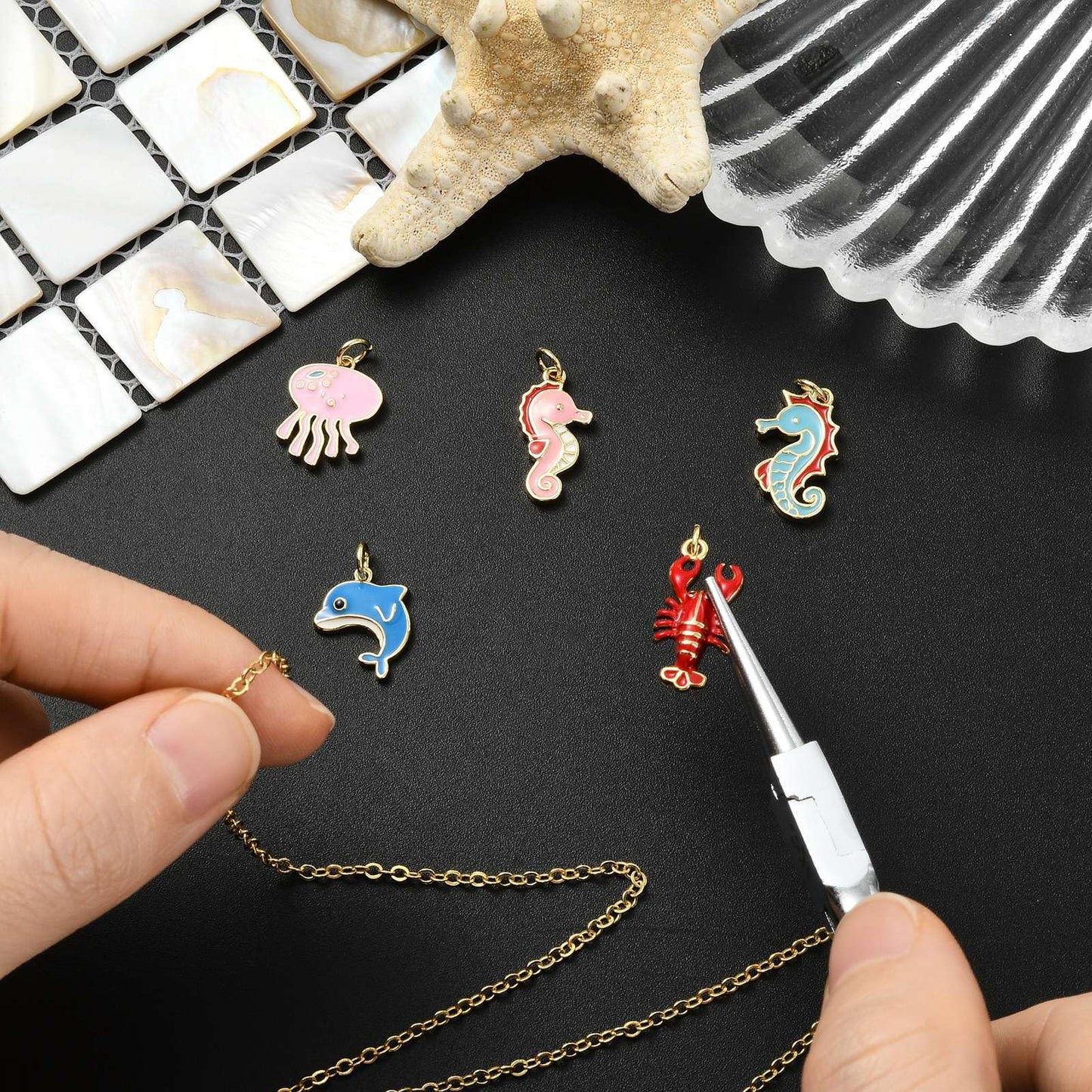 Stiesy Ocean Animal Theme Enamel Charms 5Pcs Brass Jellyfish Lobster Dolphin Sea Horse Marine Life Pendants 18K Gold Plated with Jump Rings for Beach Jewelry Making Sea Inspired Necklaces