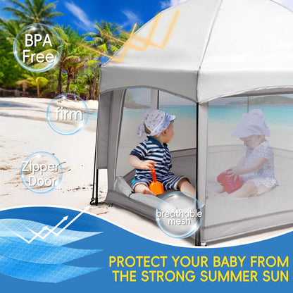 Palopalo Pop Up Baby Playpen with UPF50+ Canopy & Mosquito Net, Indoor & Outdoor Foldable Play Pen for Babies and Toddlers, Portable Baby Beach Tent with Travel Bag, Pop Up Pack and Play Yard, Grey