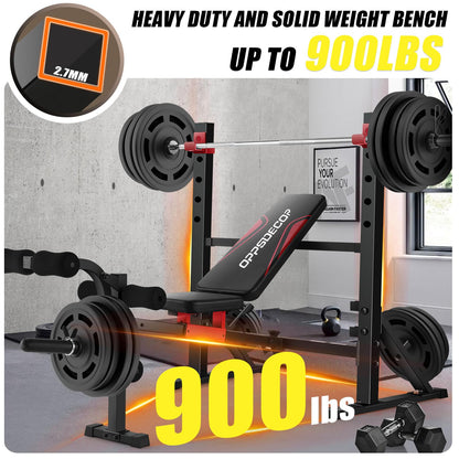OPPSDECOR 900LBS Weight Bench Set with Squat Rack Foldable Bench Press Set with Leg Extension & Leg Curl Professional Flat/Incline/Decline Workout Bench for Home Gym Full Body Exercise