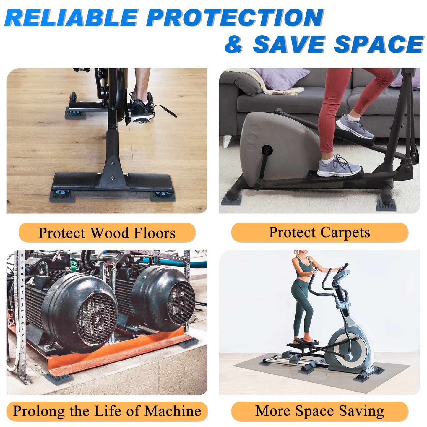 BXI Exercise Equipment Mat Heavy Duty - 4 x 4 x 0.8 Inches 4 Pcs Non Slip Noise Reduction Anti Vibration Treadmill Stationary Bike Mats, Thick Steel Embedded Rubber Pad for Hardwood Floors & Carpet