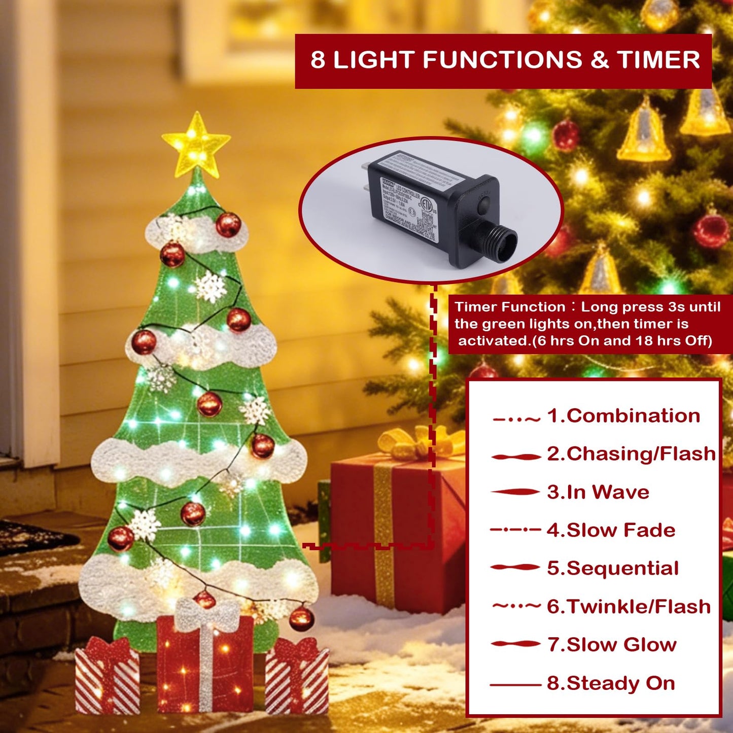 3ft 2D Christmas Tree Outdoor Decorations with 100 Twinkling LED Lights, 8 Light Modes, Large Holiday Yard Ornament for Patio, Lawn, Home（Sphere+Snowflake）