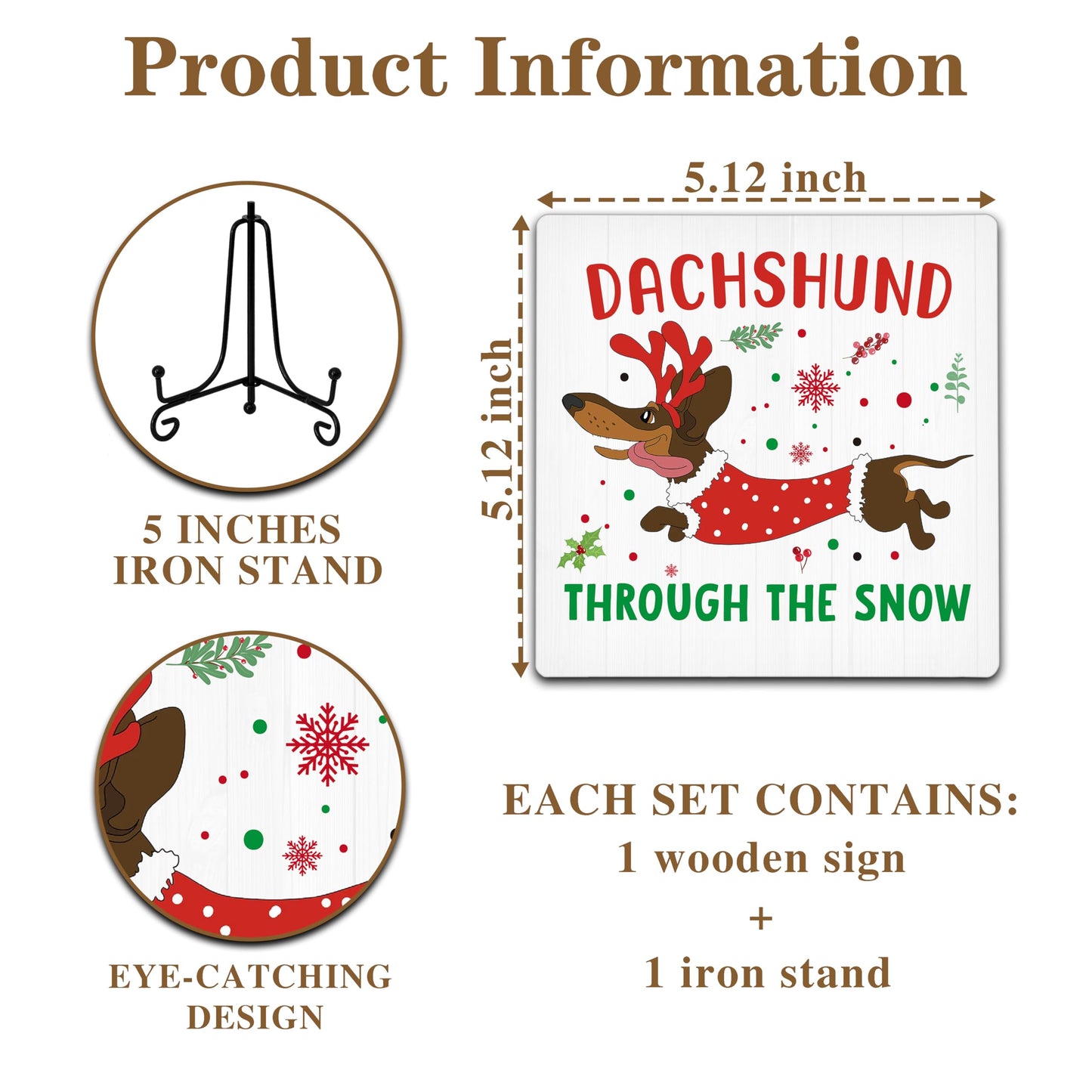 Cazhes Cute Christmas Dachshund Wooden Decor, Christmas Decorations for Home Bedroom, 5x5 Inches Xmas Tree Sign with Iron Stand, Dog Lover Birthday New Year Gifts-G14