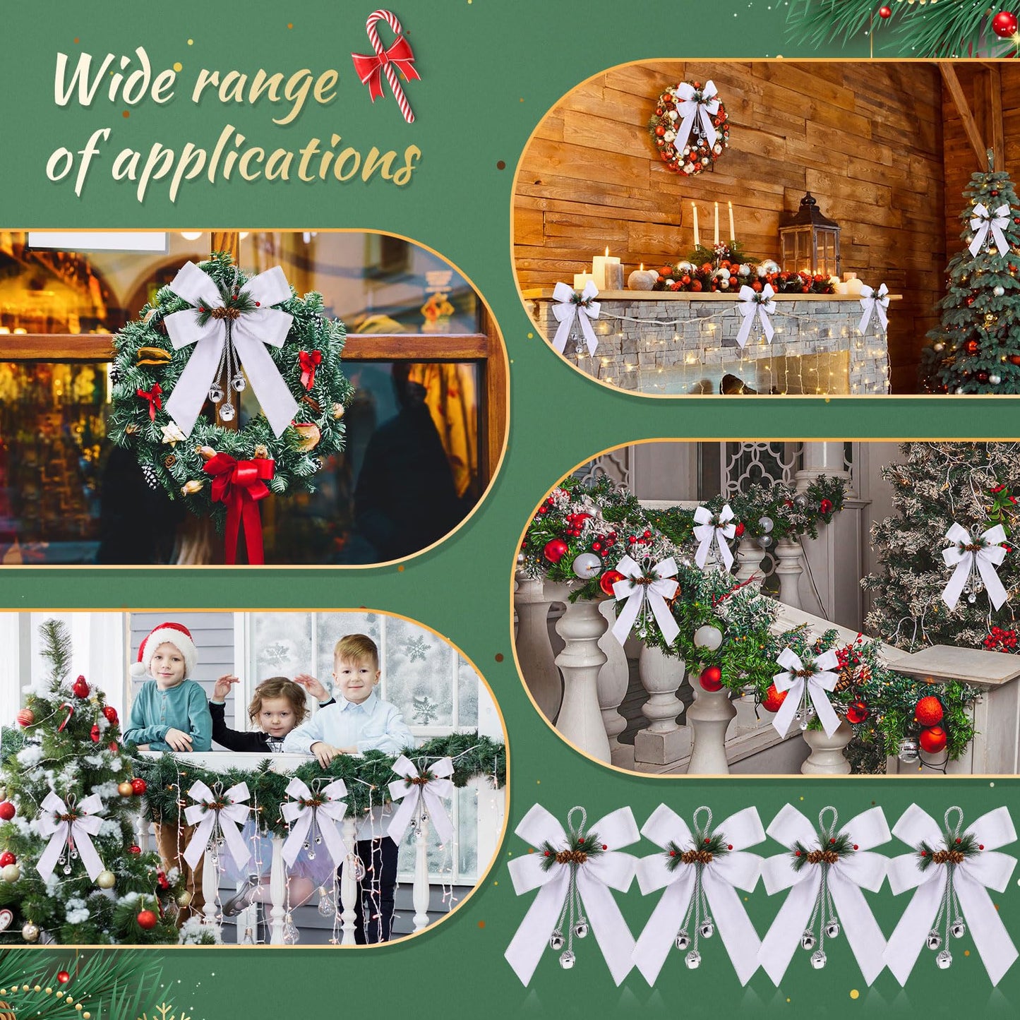 Yinkin Christmas Tree Wreath Bow Christmas Ribbon Bows with Bells 11 x 7.8 in Velvet Pine Cone Bowknot Xmas Tree Hanging Ornaments Decor for Home Xmas Party Outdoor Indoor(White,4 Pcs)