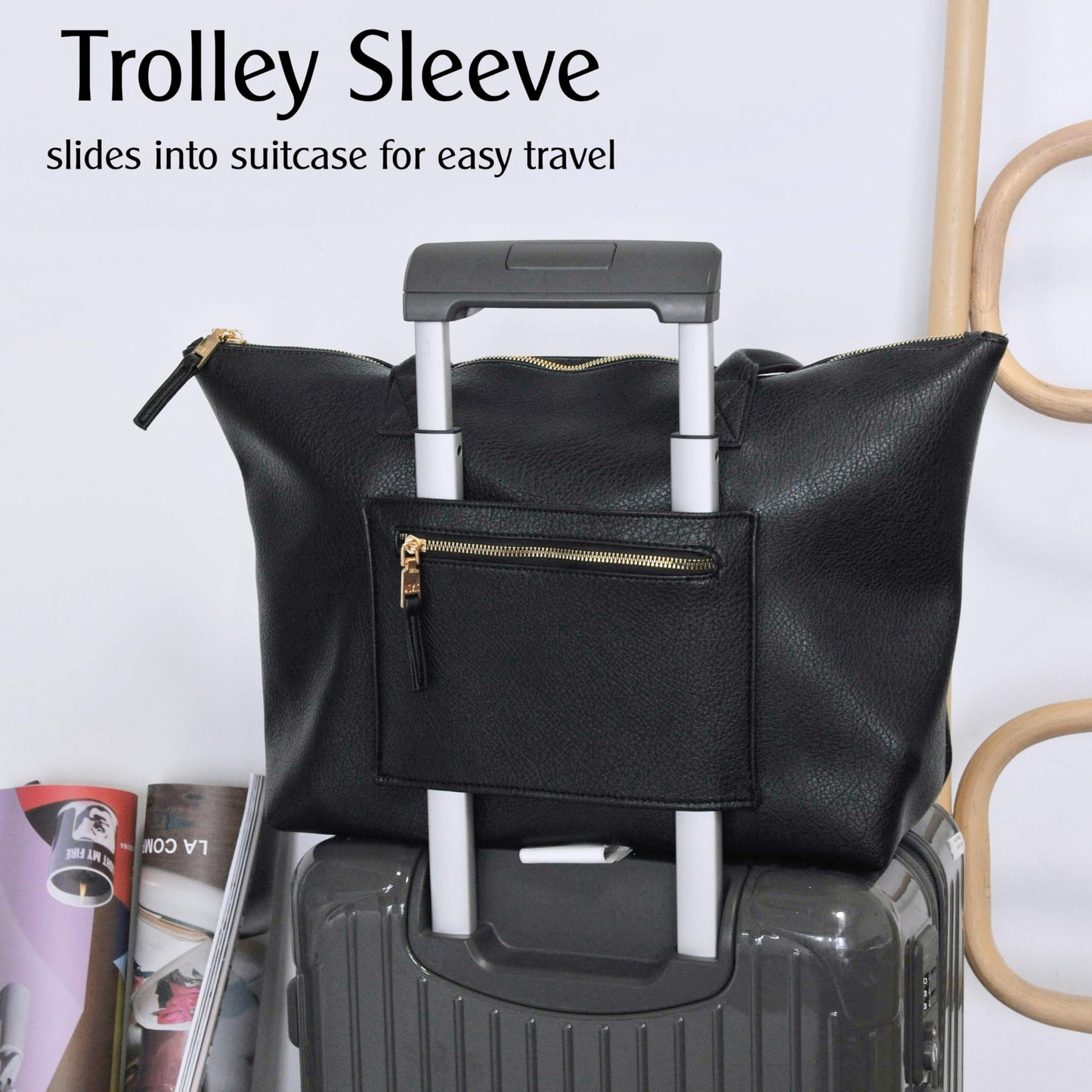 Tote Bag for Women with Zipper Vegan Leather Handbag with Trolley Sleeve Travel Weekender Carryall Bag (Black)