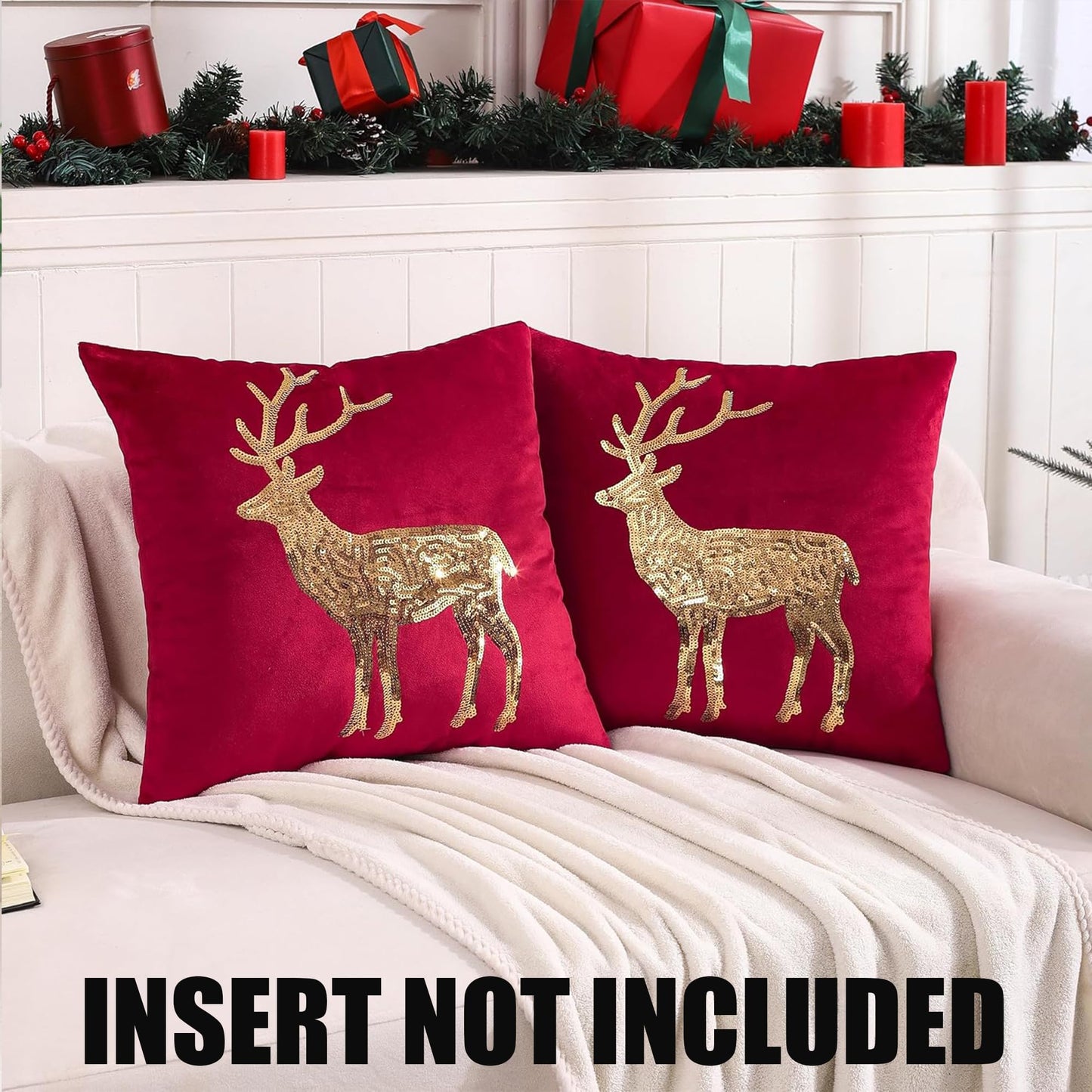 Tosleo Christmas Pillowcases 18 x 18 inch Set of 2 Red Deer Sequins Throw Pillow Cover Xmas Pillow Case Party Decor Winter Holiday Cushion Cases