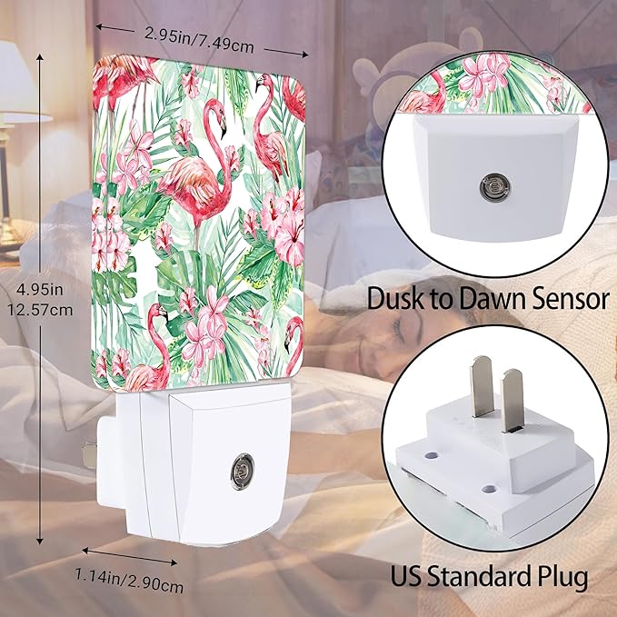 Tropical Floral Flamingo Dusk to Dawn Night Light, Auto Sensor Lamp Home Indoor Stairway Kitchen Corridor, Night Lights Plug into Wall Decor, Boys Girls Women Men Room Gifts
