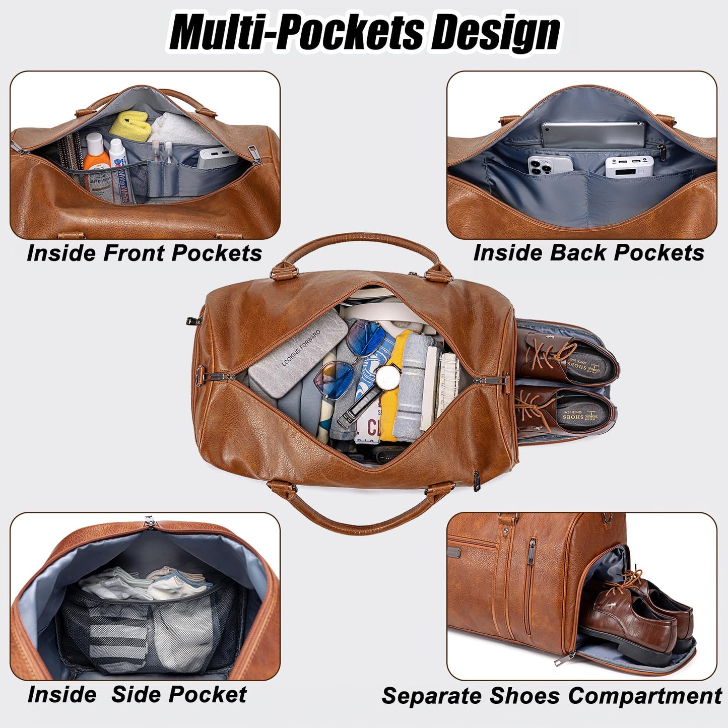 Large Travel Duffel Bag for Women Men, Faux Leather Weekender Overnight Bag with Shoe Compartment, Waterproof Carry On Bag with Toiletry Bag, Travel Tote Bag Gym Bag (Brown)