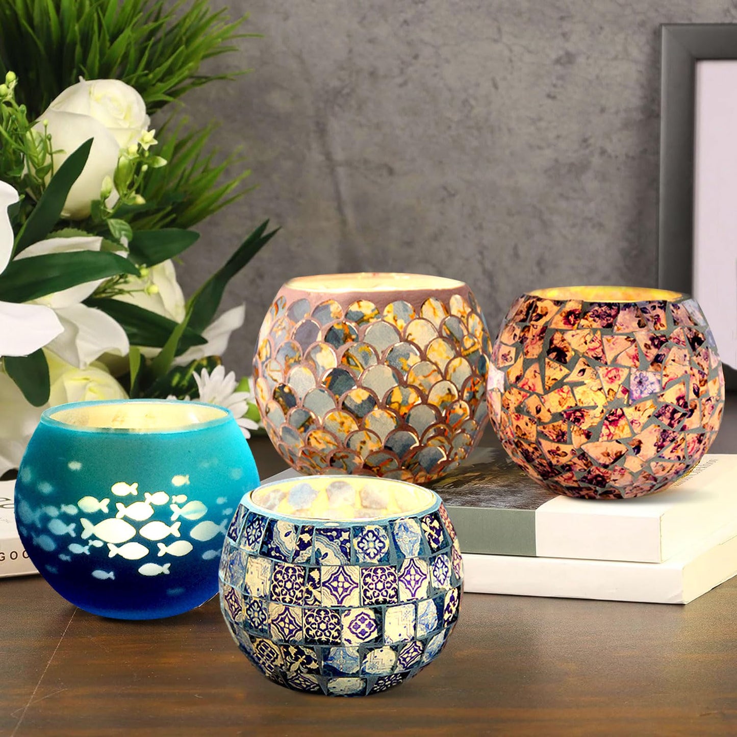 Mosaic Glass Tea Light Holders Romantic Stained Votive Candle Holder, MIATTCLD Round Handmade Tealight Candle Holder for Table Centerpieces, Christmas, Valentine, Birthday Party, Home Decor (L)