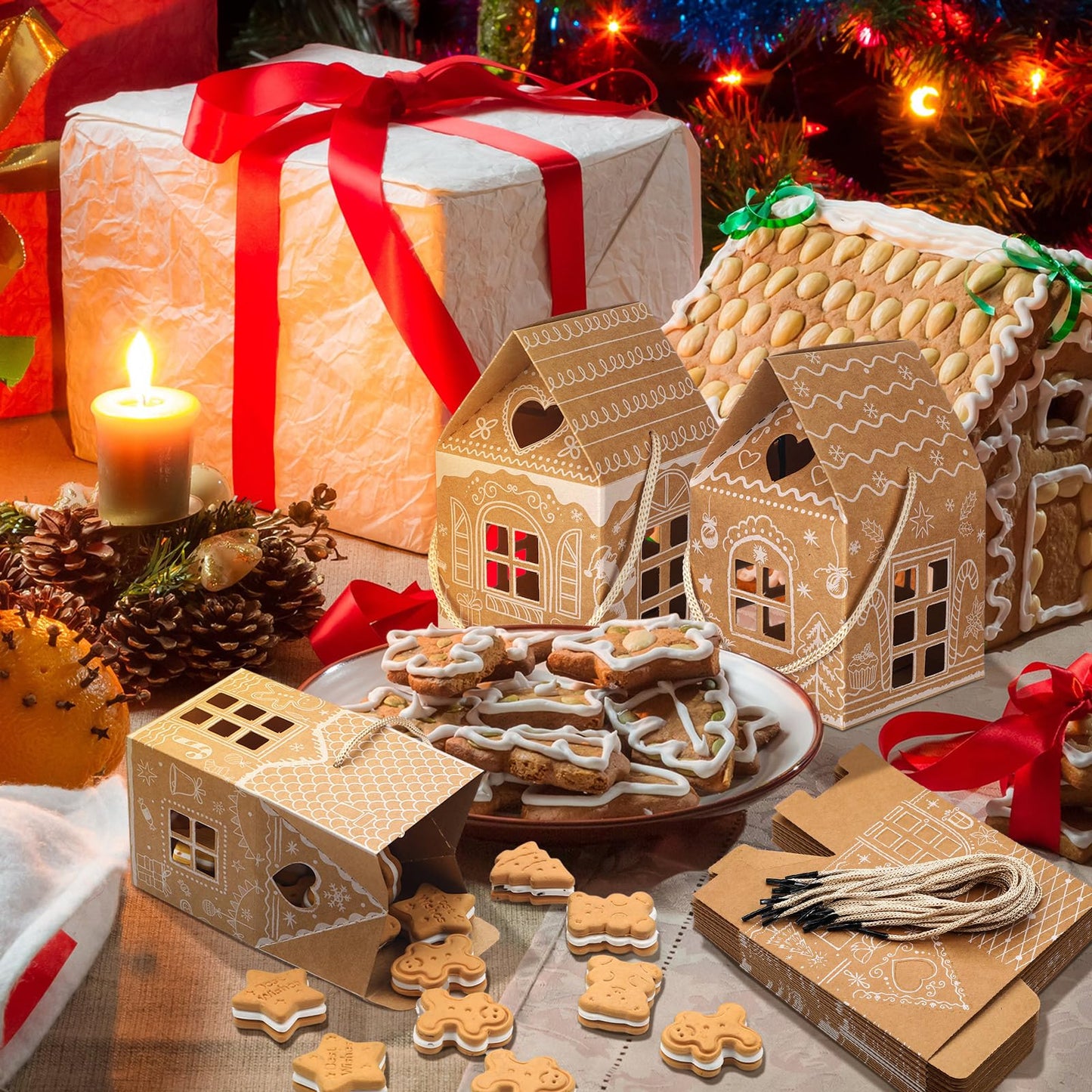 Gersoniel 24 Pcs Christmas Gift Boxes Candy Gingerbread House Mini Christmas Party Favor Box Small Paperboard Gift Container for Xmas Holiday Party Treat Cookie Goodie Snack Packaging