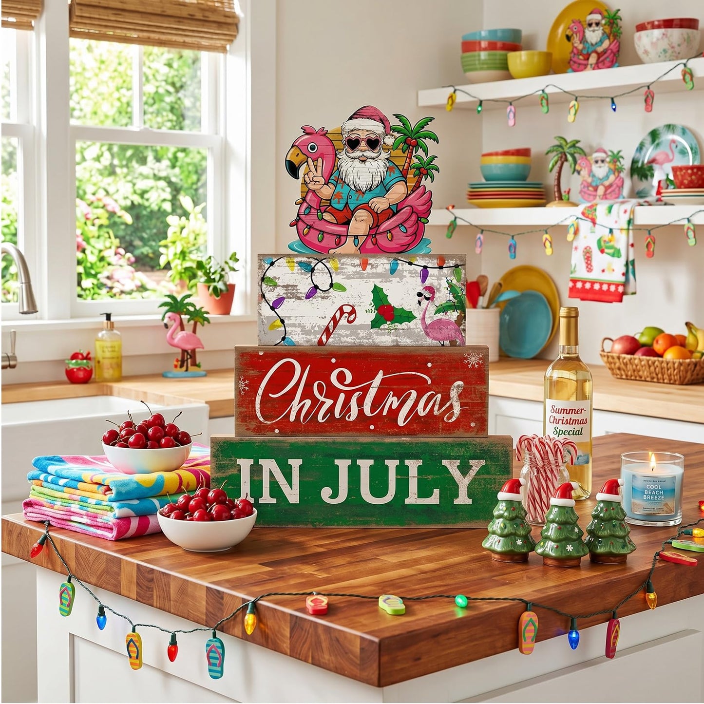 Lineshading 4 Pcs Summer Christmas in July Wooden Table Decoration Tropical Christmas Tiered Tray Decor Santa Claus Flamingo Beach Party Supplies Xmas Table Centerpiece Sets for Shelf Home Office