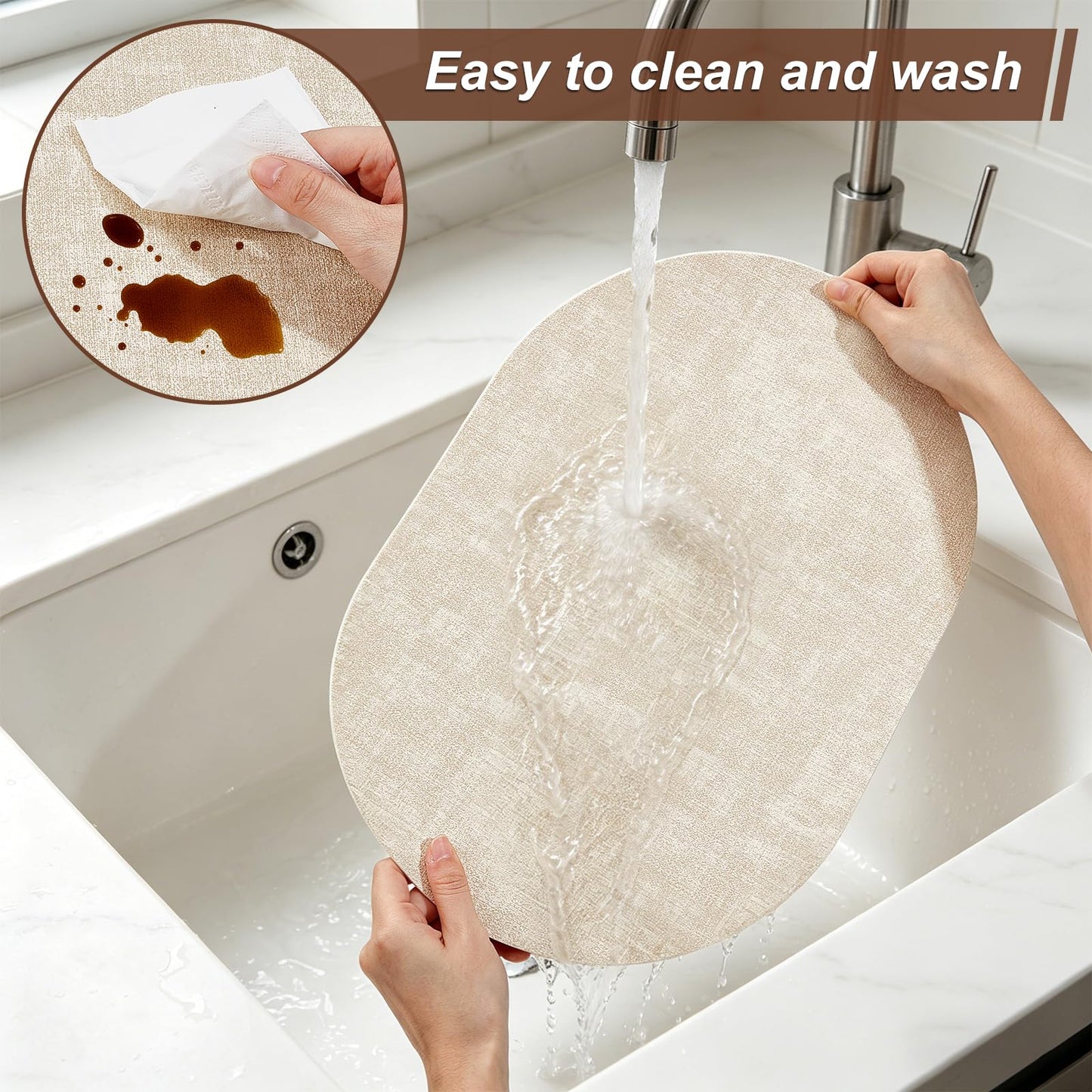 GLASSWINDS Oval Placemats Set of 12 - Washable & Heat Resistant Table Mats, Non-Slip Faux Leather Dining Decor, Waterproof Easy Clean Kitchen Place Mats for Room Coffee Office，Beige
