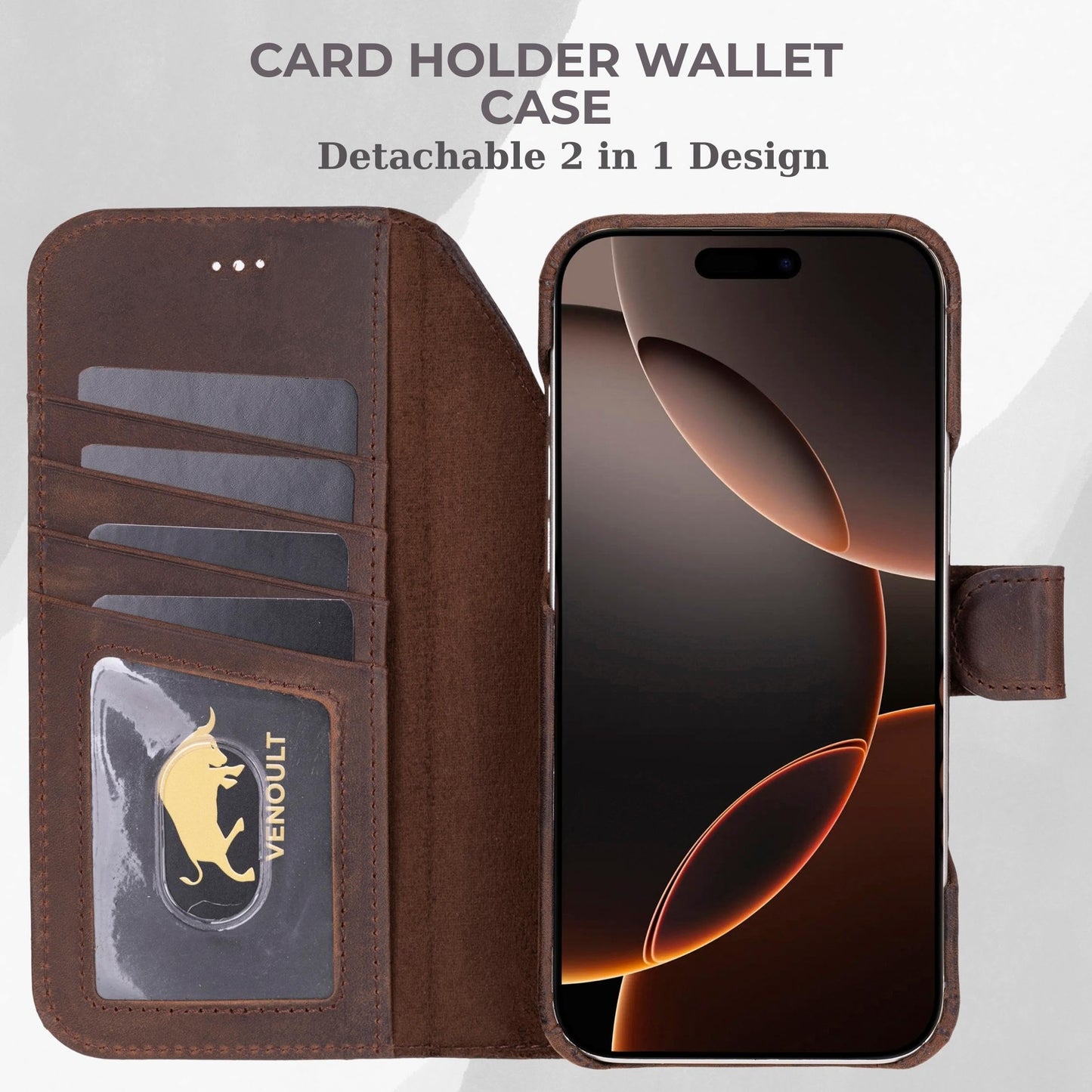 VENOULT Leather Wallet Case for iPhone 17 Pro Max, Full Grain Genuine Leather, Magnetic Detachable, 4 Card Holder, Buesiness Style, Compatible with MagSafe, RFID, Handmade (Vintage Brown)